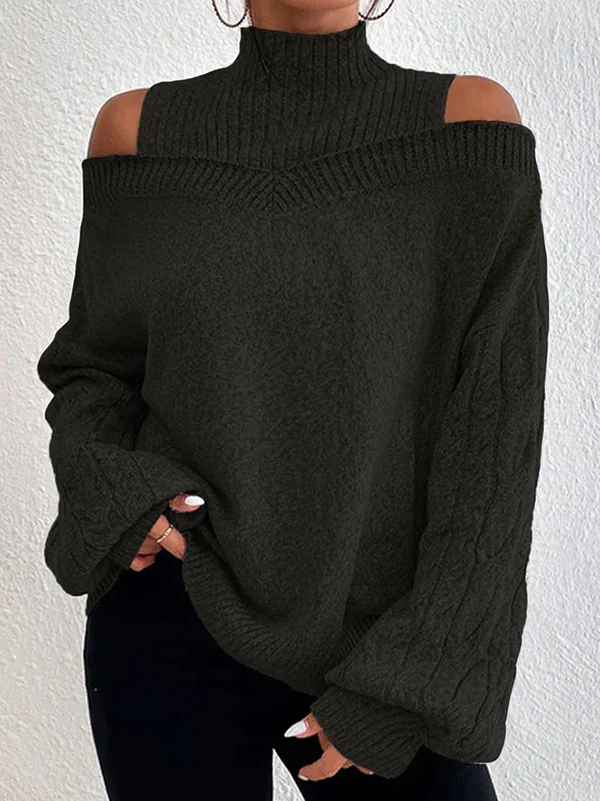 Long Sleeves Loose Hollow Solid Color Split-Joint Cold Shoulder Pullovers Sweater Tops - Image 2