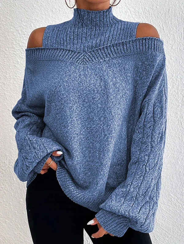Long Sleeves Loose Hollow Solid Color Split-Joint Cold Shoulder Pullovers Sweater Tops - Image 3