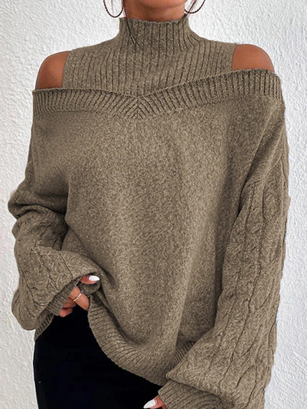 Long Sleeves Loose Hollow Solid Color Split-Joint Cold Shoulder Pullovers Sweater Tops - Image 4