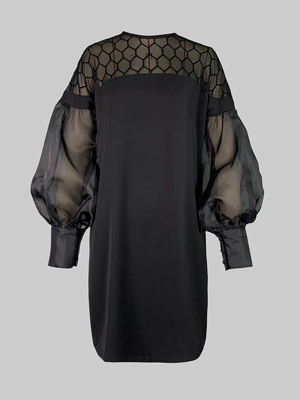 Long Sleeves Loose Hollow Solid Color Split-Joint Round-Neck Mini Dresses - Image 5