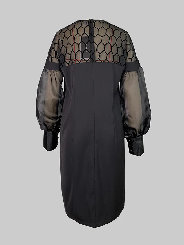 Long Sleeves Loose Hollow Solid Color Split-Joint Round-Neck Mini Dresses - Image 6