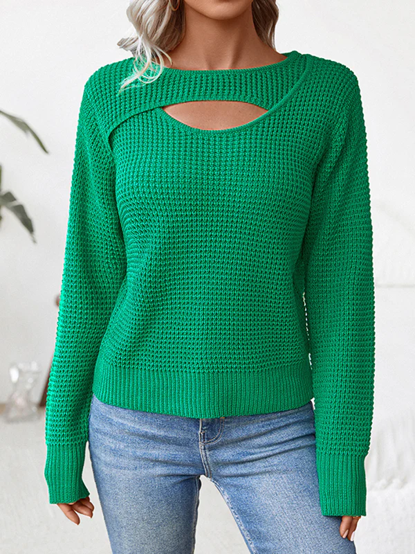Long Sleeves Loose Hollow Solid Color Split-Joint Round-Neck Pullovers Sweater Tops - Image 2