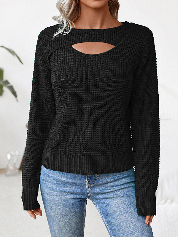 Long Sleeves Loose Hollow Solid Color Split-Joint Round-Neck Pullovers Sweater Tops - Image 3