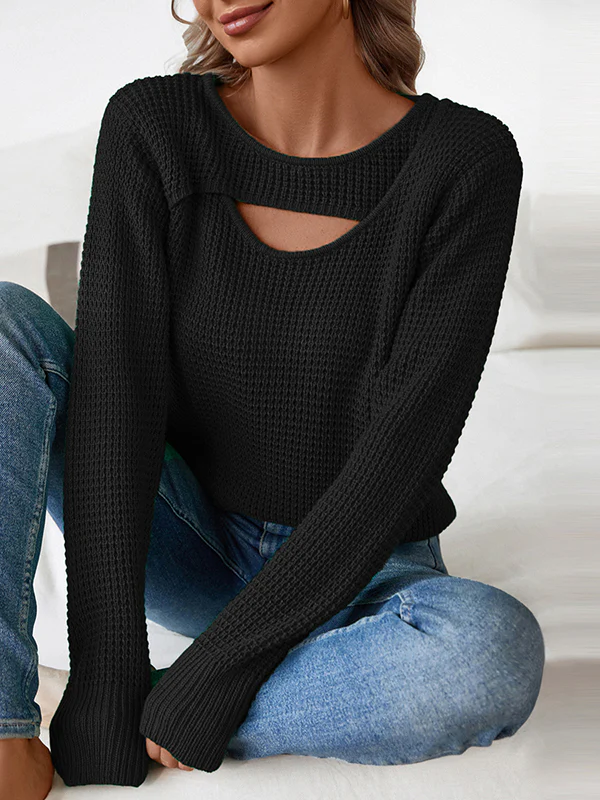 Long Sleeves Loose Hollow Solid Color Split-Joint Round-Neck Pullovers Sweater Tops - Image 5