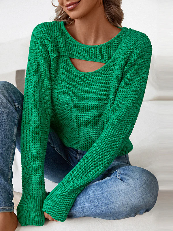 Long Sleeves Loose Hollow Solid Color Split-Joint Round-Neck Pullovers Sweater Tops - Image 7