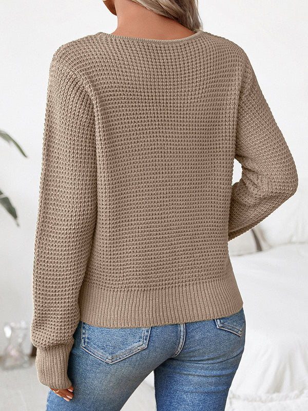 Long Sleeves Loose Hollow Solid Color Split-Joint Round-Neck Pullovers Sweater Tops - Image 9