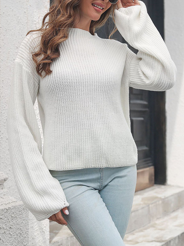 Long Sleeves Loose Hollow Solid Color Split-Joint Round-Neck Sweater - Image 4
