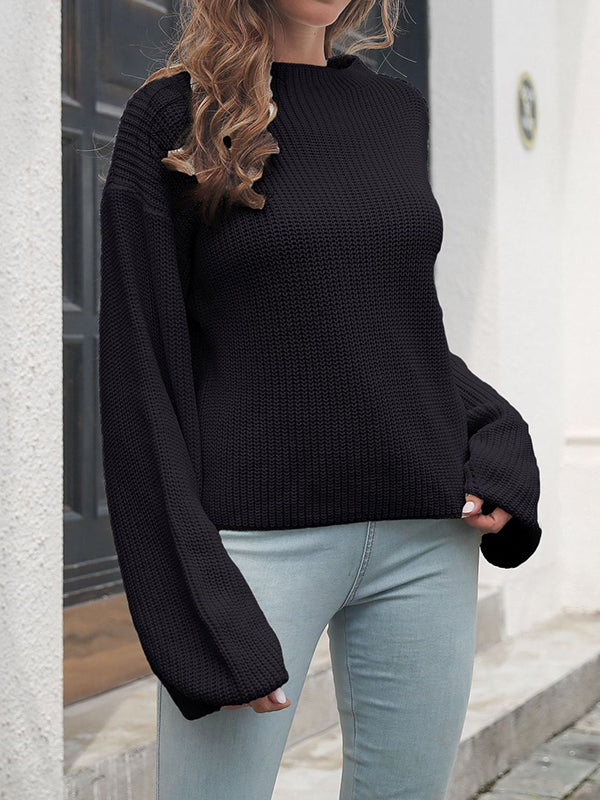Long Sleeves Loose Hollow Solid Color Split-Joint Round-Neck Sweater - Image 6