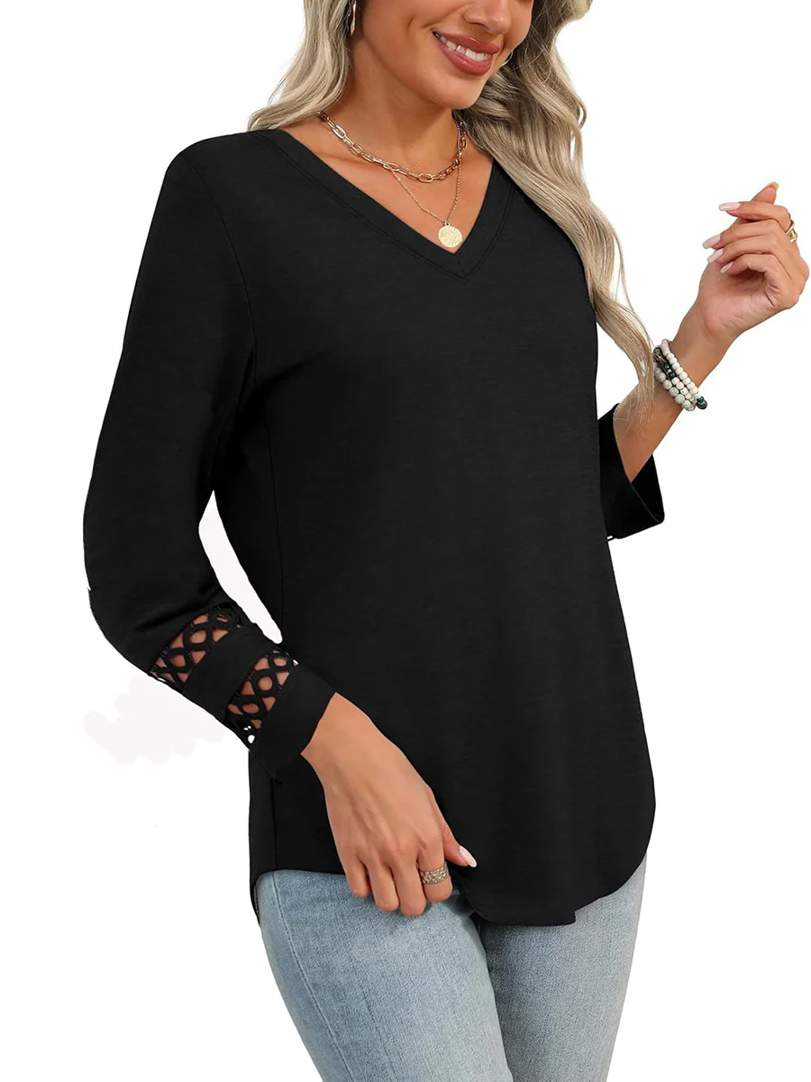 Long Sleeves Loose Hollow Solid Color Split-Joint V-Neck T-Shirts Tops - Image 2
