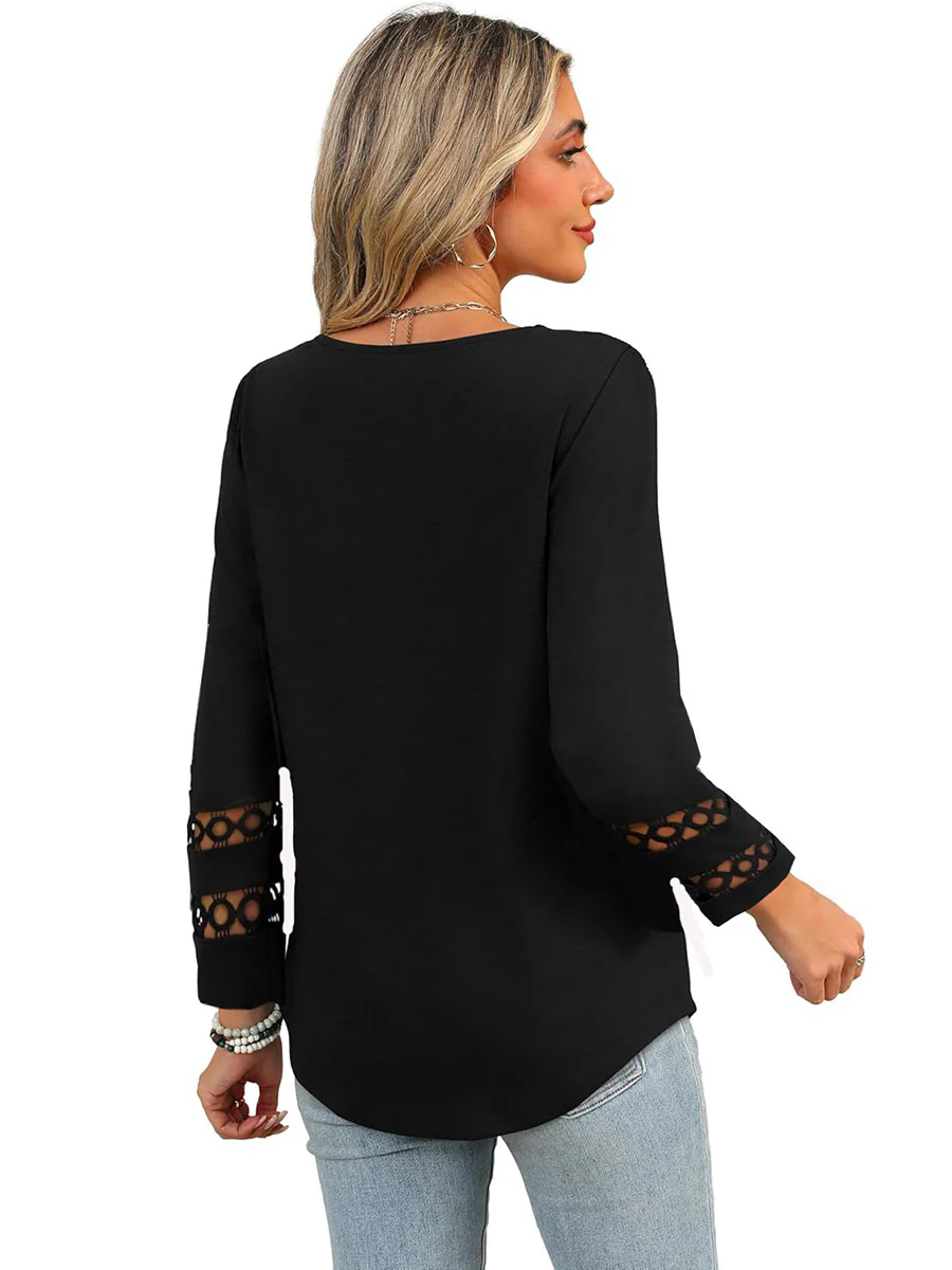 Long Sleeves Loose Hollow Solid Color Split-Joint V-Neck T-Shirts Tops - Image 3