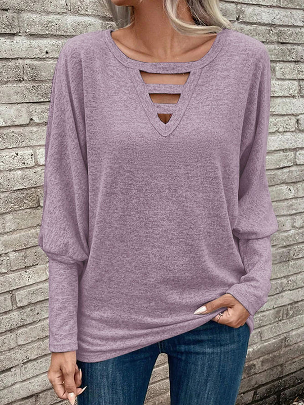 Long Sleeves Loose Hollow Solid Color Split-Joint V-Neck T-Shirts Tops - Image 2