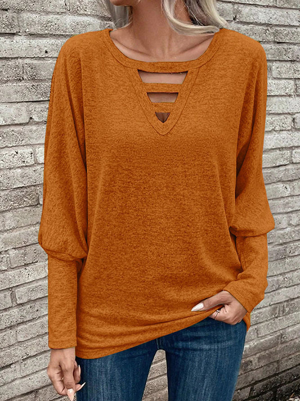 Long Sleeves Loose Hollow Solid Color Split-Joint V-Neck T-Shirts Tops - Image 3