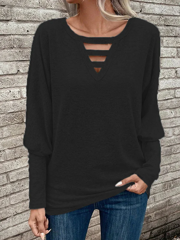 Long Sleeves Loose Hollow Solid Color Split-Joint V-Neck T-Shirts Tops - Image 4