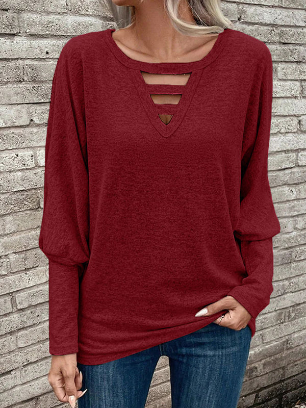 Long Sleeves Loose Hollow Solid Color Split-Joint V-Neck T-Shirts Tops - Image 5