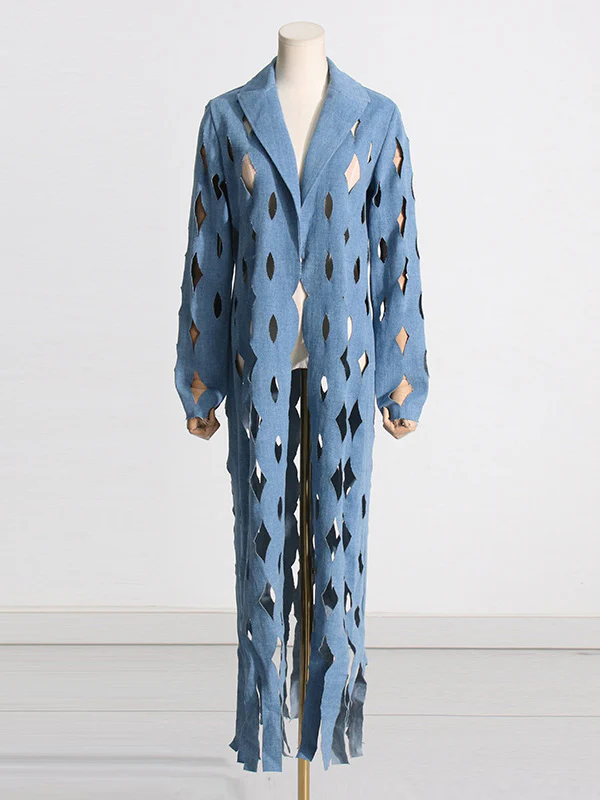 Long Sleeves Loose Hollow Solid Color Tasseled Notched Collar Denim Outerwear - Image 3