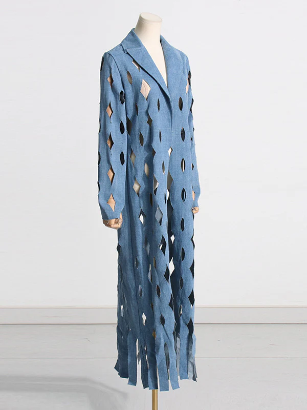 Long Sleeves Loose Hollow Solid Color Tasseled Notched Collar Denim Outerwear - Image 4