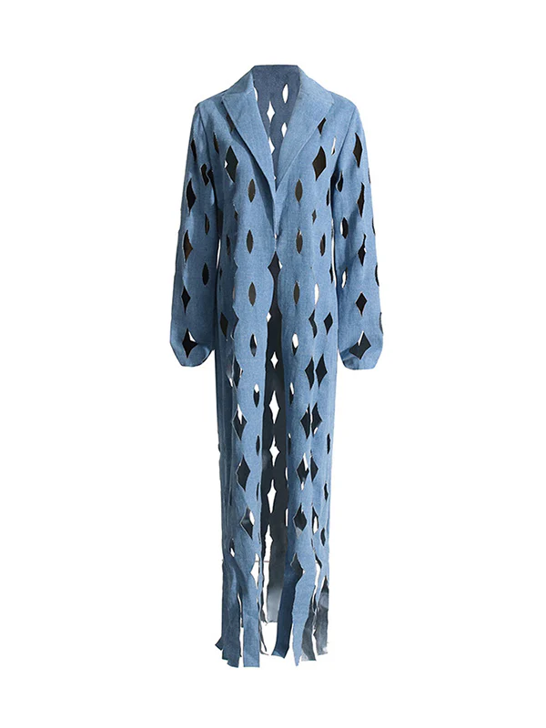 Long Sleeves Loose Hollow Solid Color Tasseled Notched Collar Denim Outerwear - Image 6