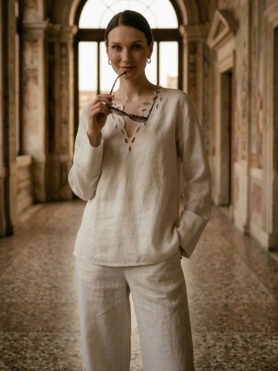 Long Sleeves Loose Hollow Solid Color V-Neck Blouses&Shirts Tops - Image 2