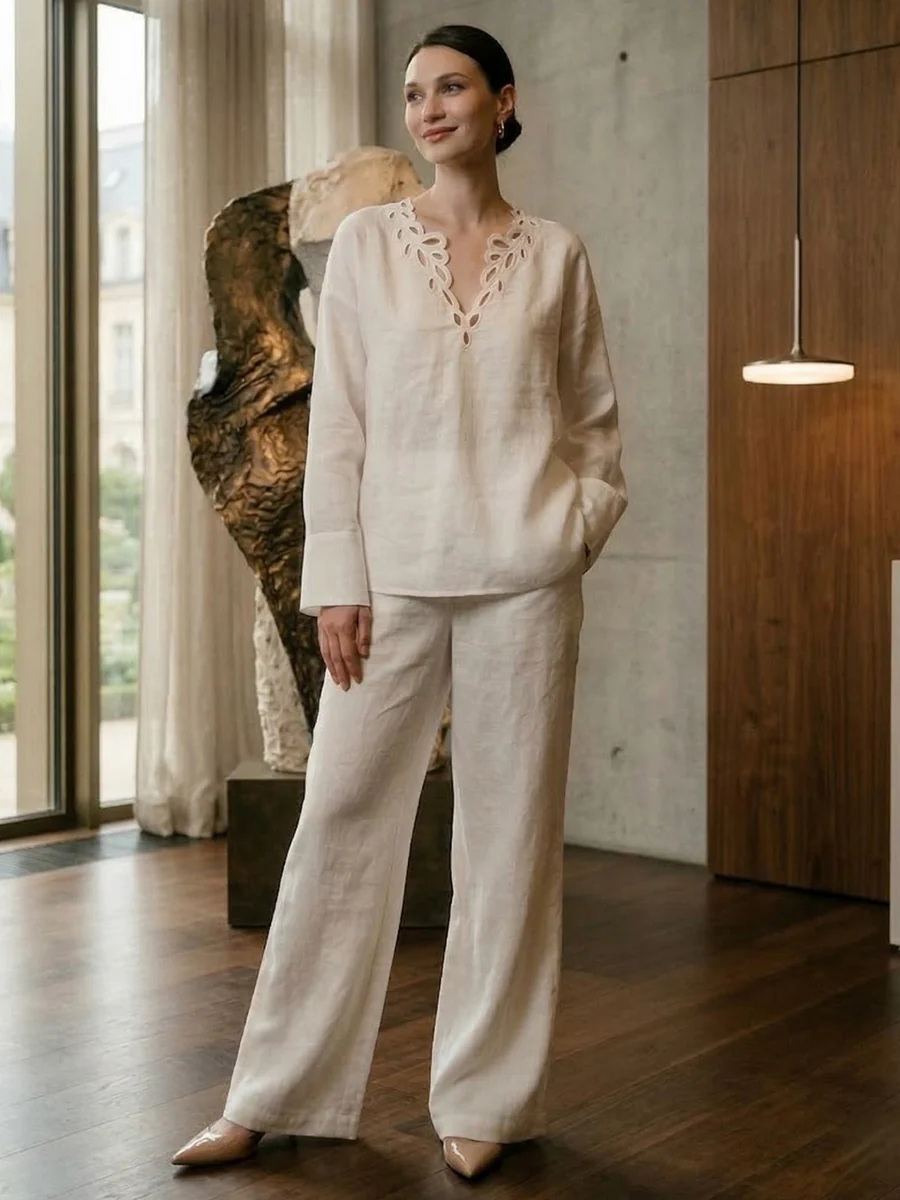 Long Sleeves Loose Hollow Solid Color V-Neck Blouses&Shirts Tops - Image 8