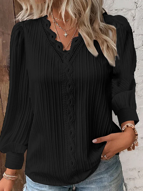 Long Sleeves Loose Hollow Solid Color V-Neck T-Shirts - Image 3