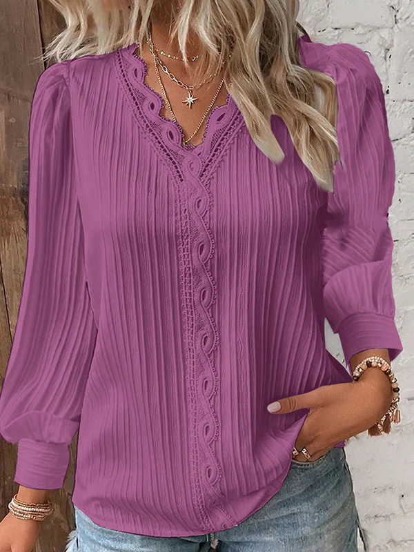 Long Sleeves Loose Hollow Solid Color V-Neck T-Shirts - Image 5