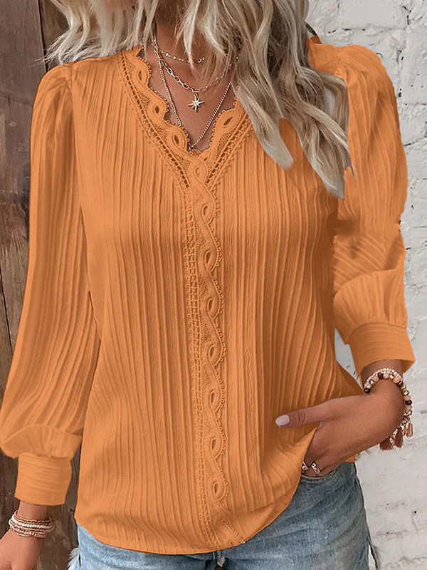 Long Sleeves Loose Hollow Solid Color V-Neck T-Shirts - Image 6