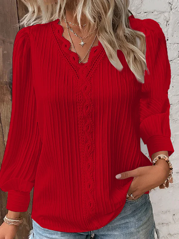 Long Sleeves Loose Hollow Solid Color V-Neck T-Shirts - Image 7