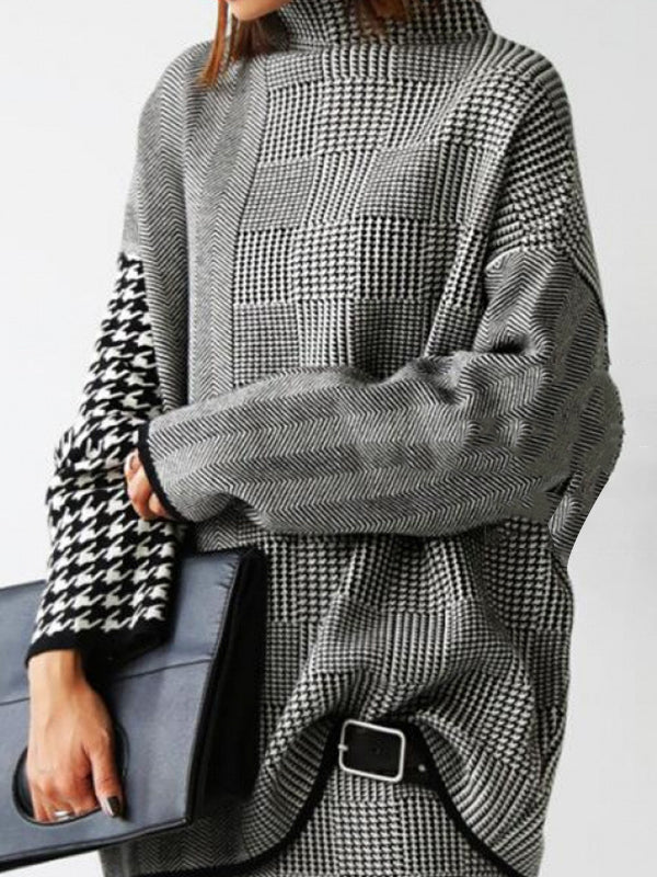 Long Sleeves Loose Houndstooth Plaid High Neck Pullovers Sweater Tops - Image 2