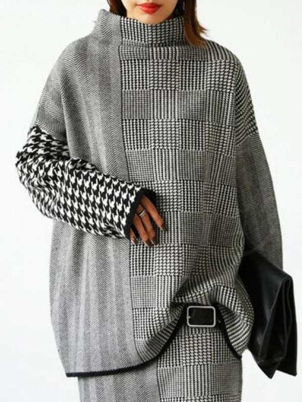 Long Sleeves Loose Houndstooth Plaid High Neck Pullovers Sweater Tops - Image 3