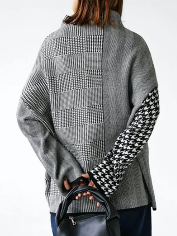 Long Sleeves Loose Houndstooth Plaid High Neck Pullovers Sweater Tops - Image 4