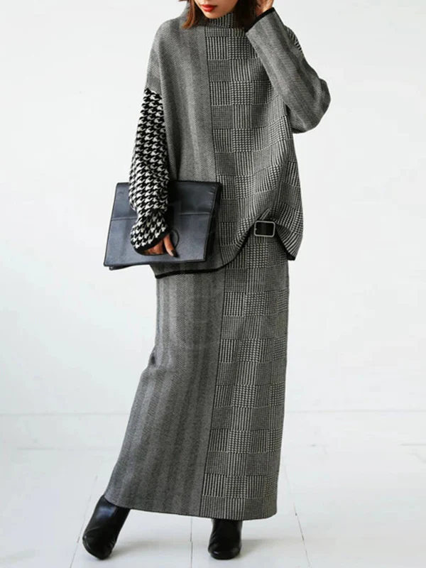 Long Sleeves Loose Houndstooth Plaid High Neck Pullovers Sweater Tops - Image 5
