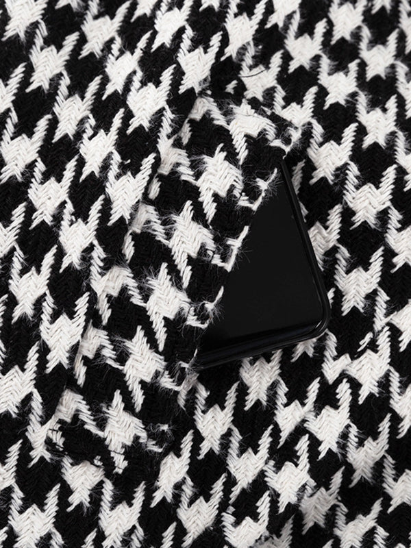 Long Sleeves Loose Houndstooth Split-Back Split-Joint Tied Waist Lapel Trench Coats - Image 15