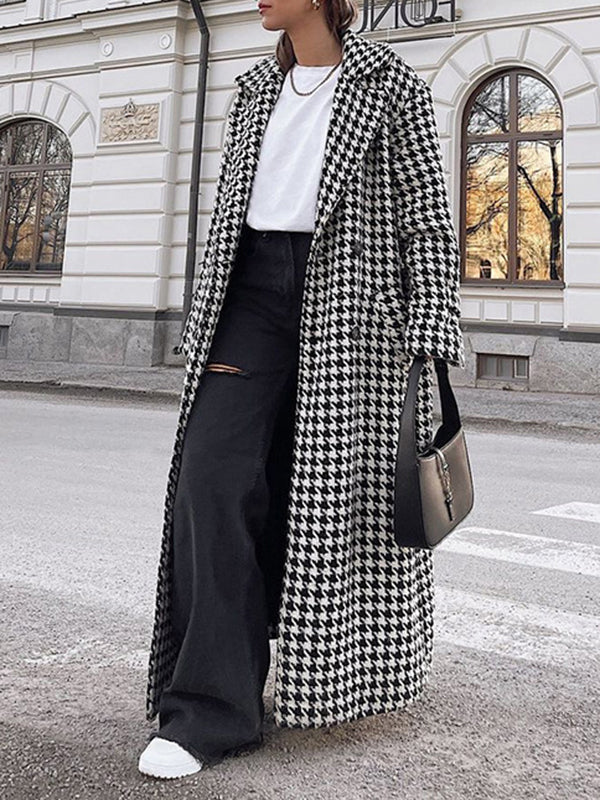Long Sleeves Loose Houndstooth Split-Back Split-Joint Tied Waist Lapel Trench Coats - Image 2
