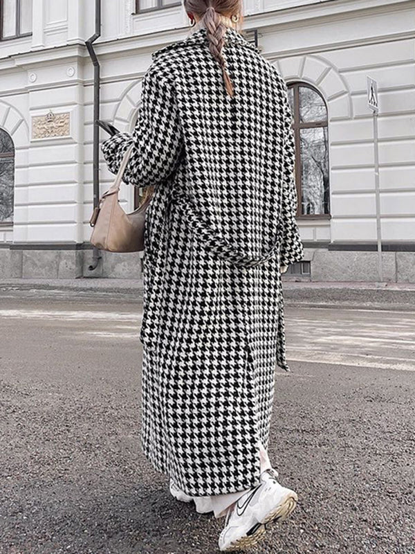 Long Sleeves Loose Houndstooth Split-Back Split-Joint Tied Waist Lapel Trench Coats - Image 3