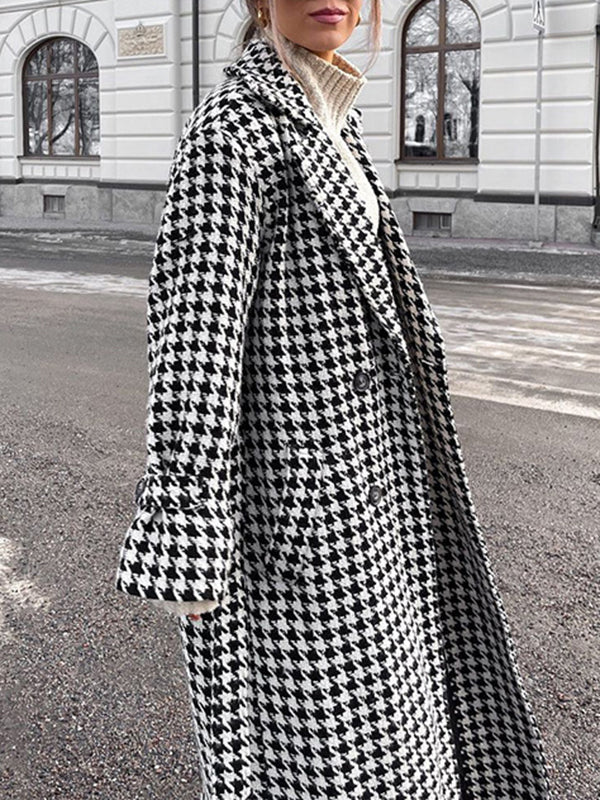 Long Sleeves Loose Houndstooth Split-Back Split-Joint Tied Waist Lapel Trench Coats - Image 4
