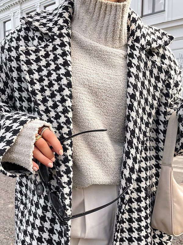 Long Sleeves Loose Houndstooth Split-Back Split-Joint Tied Waist Lapel Trench Coats - Image 5