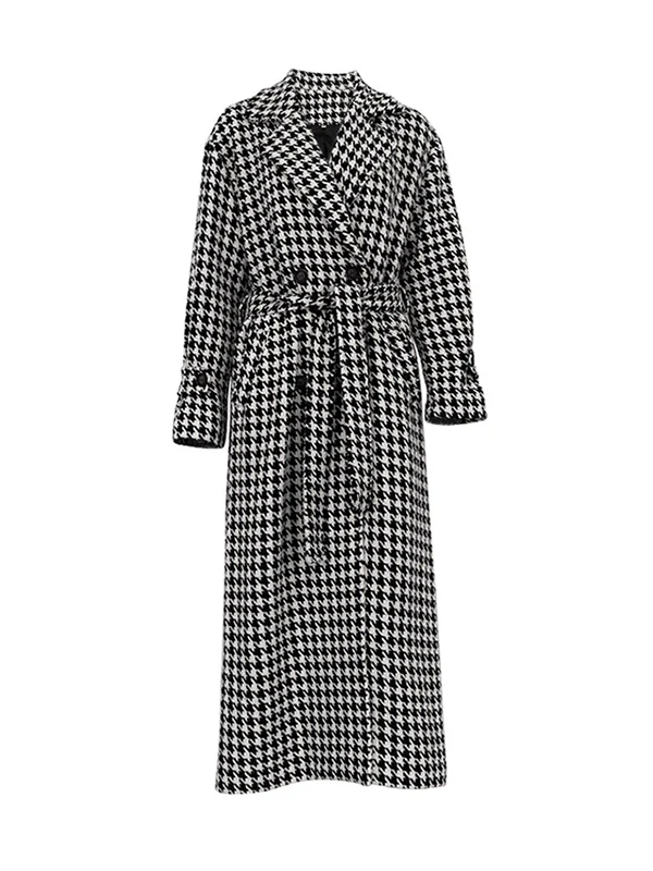 Long Sleeves Loose Houndstooth Split-Back Split-Joint Tied Waist Lapel Trench Coats - Image 6