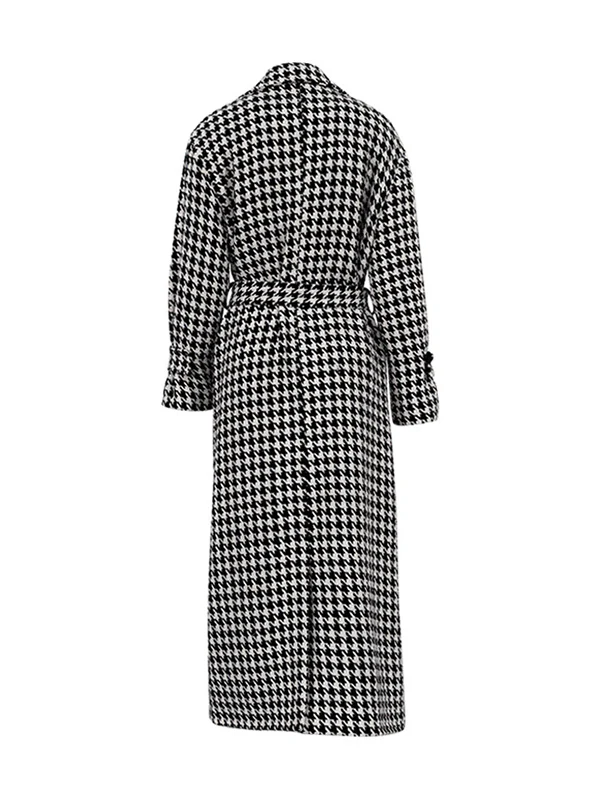 Long Sleeves Loose Houndstooth Split-Back Split-Joint Tied Waist Lapel Trench Coats - Image 7