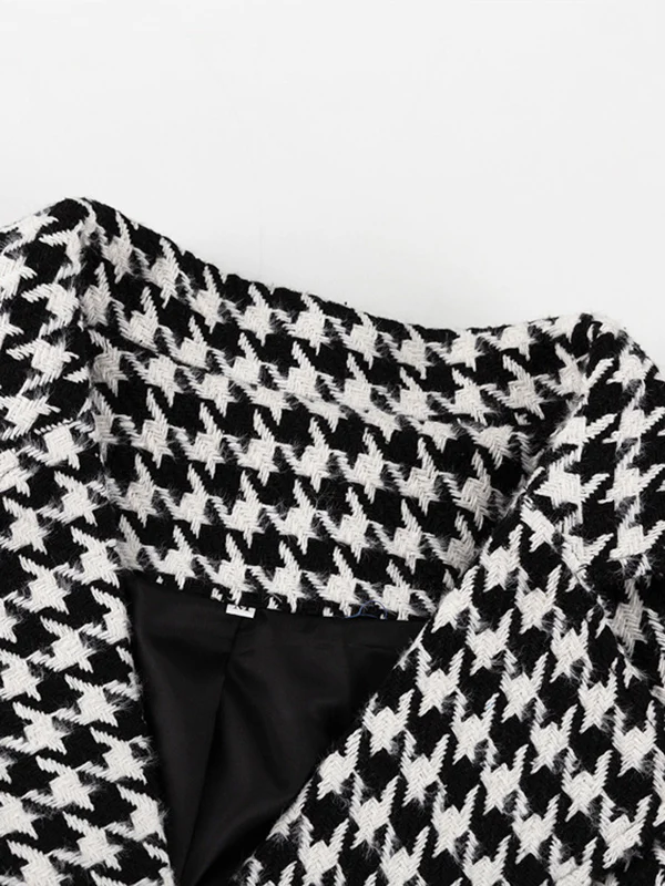 Long Sleeves Loose Houndstooth Split-Back Split-Joint Tied Waist Lapel Trench Coats - Image 8