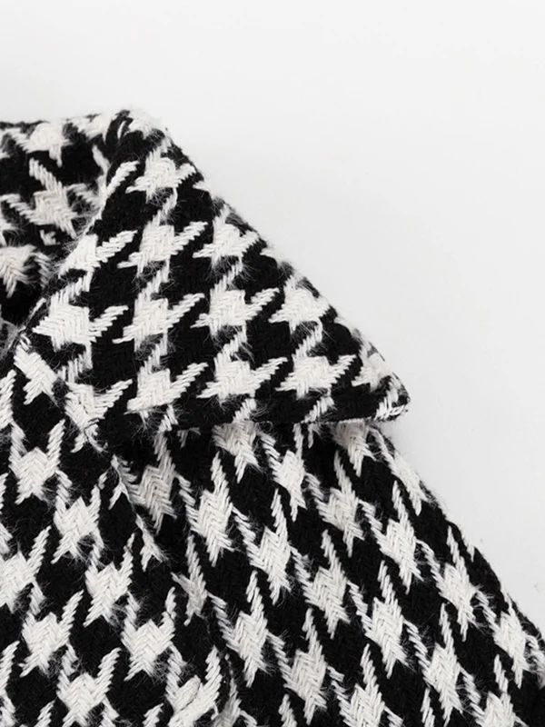 Long Sleeves Loose Houndstooth Split-Back Split-Joint Tied Waist Lapel Trench Coats - Image 9