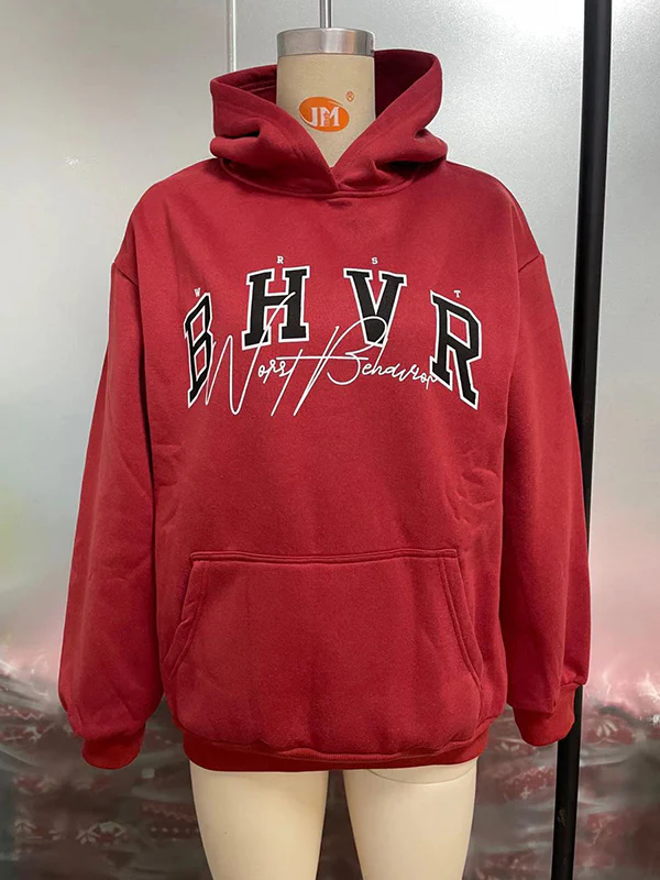 Long Sleeves Loose Keep Warm Letter Print Velvet Hooded Hoodies Tops - Image 10