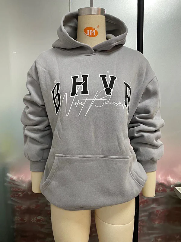 Long Sleeves Loose Keep Warm Letter Print Velvet Hooded Hoodies Tops - Image 11