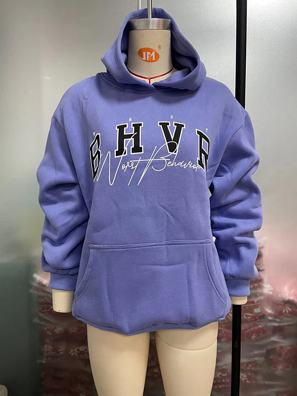 Long Sleeves Loose Keep Warm Letter Print Velvet Hooded Hoodies Tops - Image 12