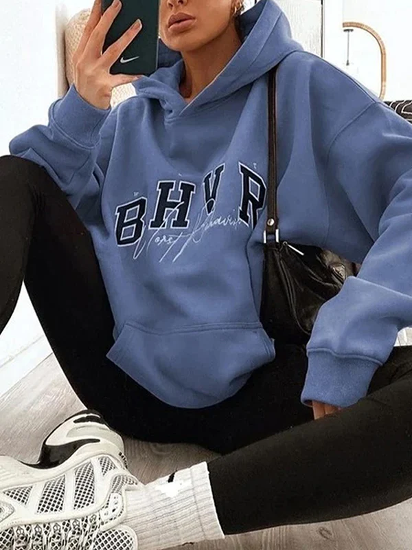 Long Sleeves Loose Keep Warm Letter Print Velvet Hooded Hoodies Tops - Image 2