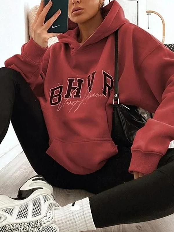 Long Sleeves Loose Keep Warm Letter Print Velvet Hooded Hoodies Tops - Image 3