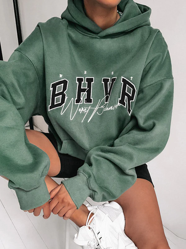 Long Sleeves Loose Keep Warm Letter Print Velvet Hooded Hoodies Tops - Image 4