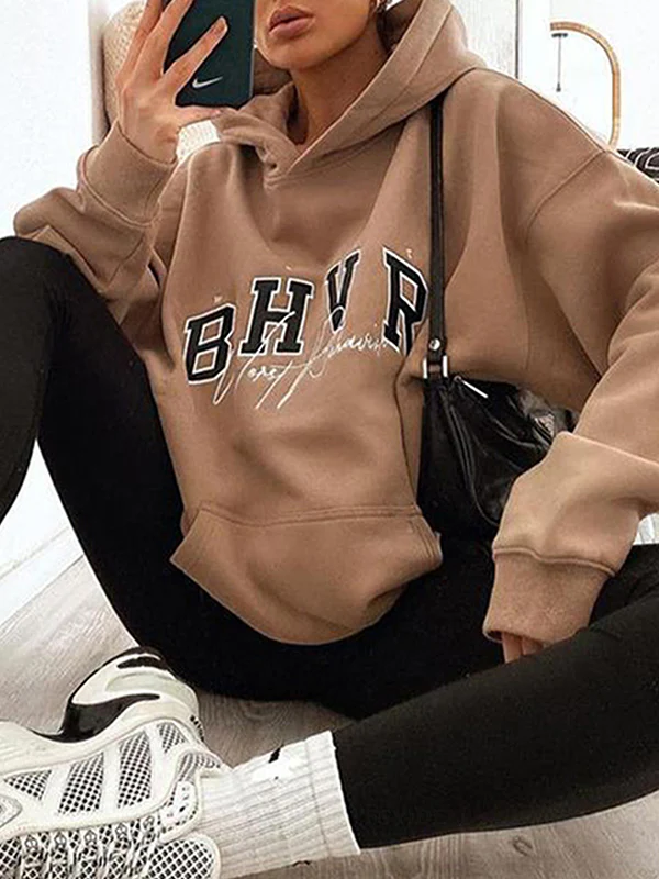 Long Sleeves Loose Keep Warm Letter Print Velvet Hooded Hoodies Tops - Image 5