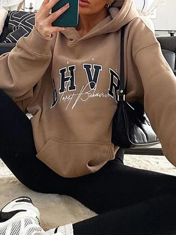 Long Sleeves Loose Keep Warm Letter Print Velvet Hooded Hoodies Tops - Image 6