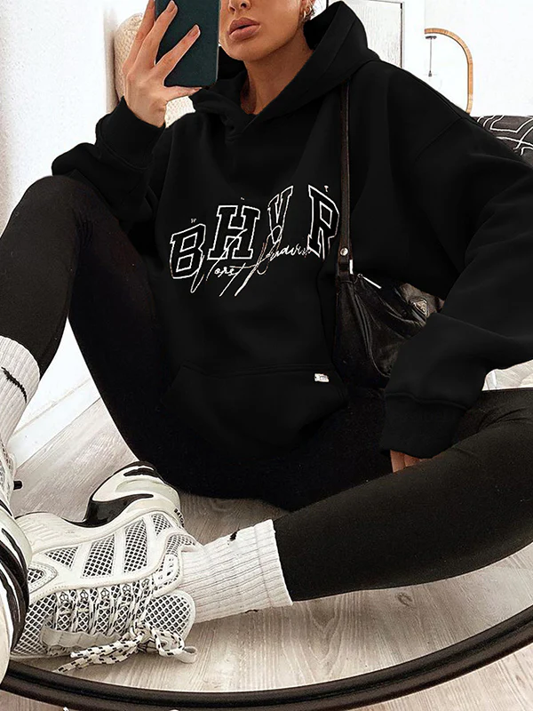 Long Sleeves Loose Keep Warm Letter Print Velvet Hooded Hoodies Tops - Image 7