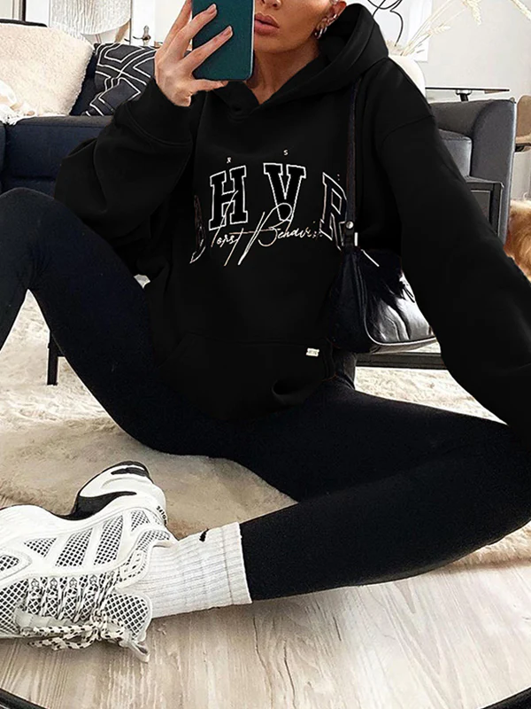 Long Sleeves Loose Keep Warm Letter Print Velvet Hooded Hoodies Tops - Image 8